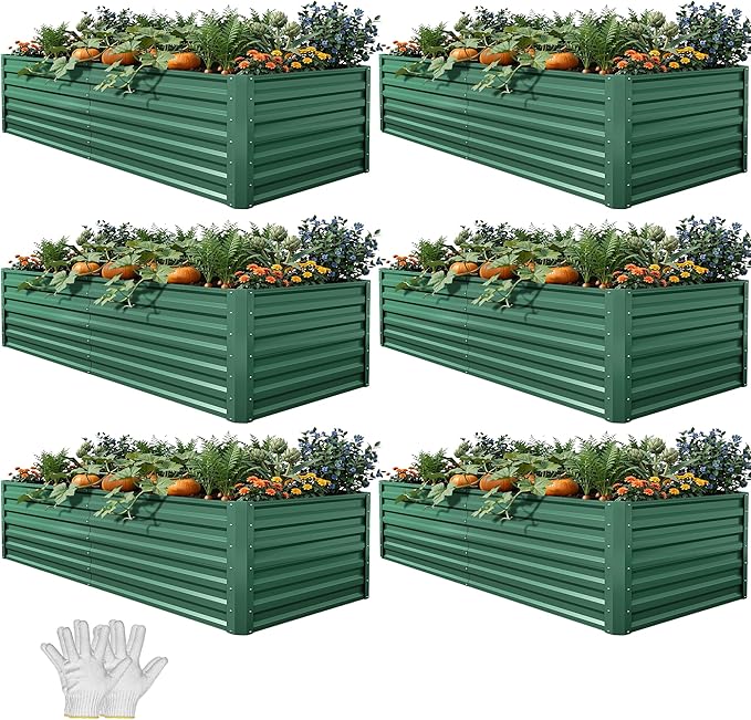 YITAHOME 6pcs 6x3x2 ft Galvanized Raised Garden Bed Kit Large Metal Planter Box with Gloves &amp Support Rod Outdoor Flower Bed for Plants Vegetables Green
