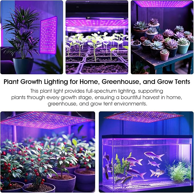 LED Grow Light Panel 600W Lamp for Indoor Plants Full Spectrum with White Blue Red UV IR LEDs for 3x3ft Coverage Grow Tent Greenhouse Veg and Bloom Seedlings Hydroponics Timer Brightness
