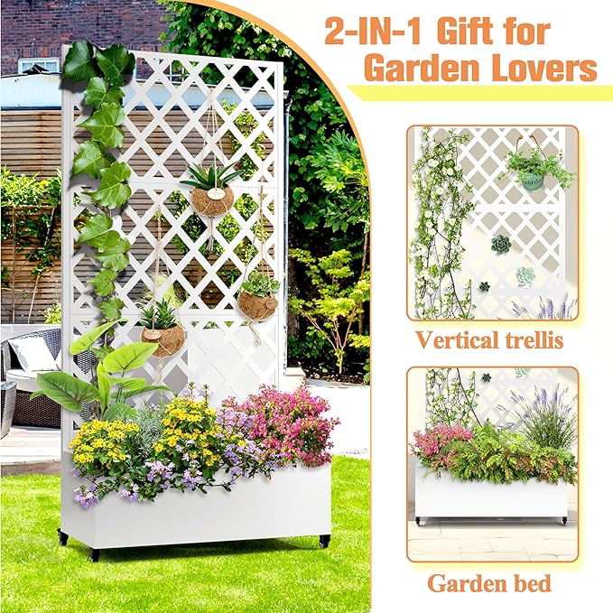 Metal Raised Garden Bed with Diamond Lattice Trellis Outdoor Planter Box for Climbing Plants Vegetables Vines Galvanized Garden Box with Drainage Holes and Wheels White (35.4L x 16.7W x 73.2H)