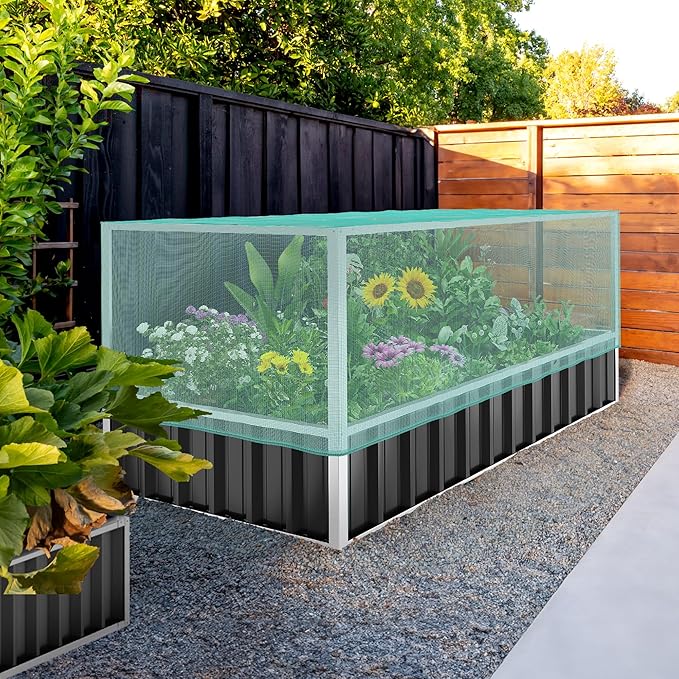 YITAHOME 5.7x3x2.3FT Large Raised Garden Bed with Anti Bird Protection Netting Structure Outdoor Steel Metal Patio Planter Box with Gloves &amp Reinforced Frame for Plants Vegetables Flowers (Dark G
