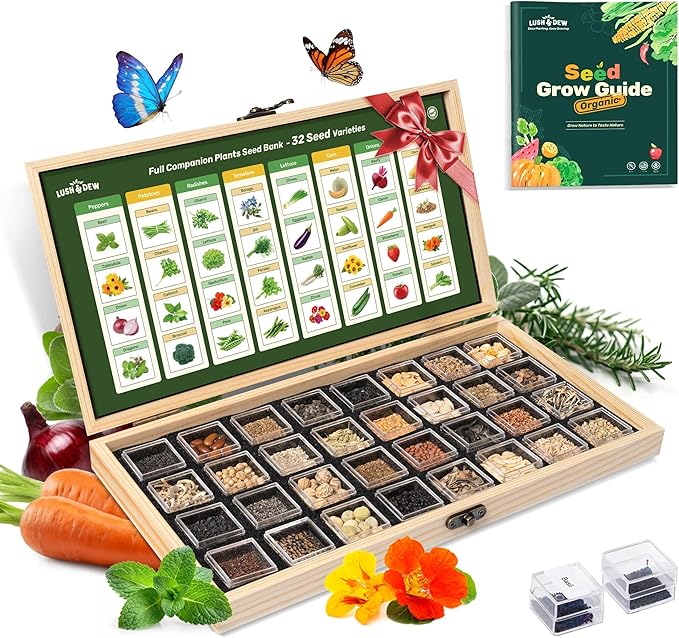 Lush&ampDew Companion Plants Heirloom Seed Bank Gardening Gifts for Women &amp Men 32 Varieties 30000+ Non-GMO Vegetable Seeds for Planting in Garden Bed Greenhouse Survival Seed Kit for Food Su