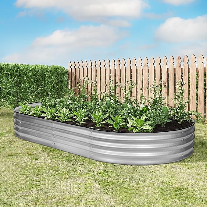 Crownland Outdoor Garden Metal Raised Garden Beds Oval Galvanized Planter Box Rubber Edge Guard for Patio Growning Fresh Vegetables Flowers Herbs and Succulents(8ft*4ft*1ft) Silvery