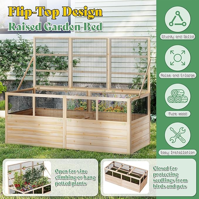 AMERLIFE Raised Garden Bed with Hinged Fencing and Trellis 18 Inch Deepened Wood Planter Box 2 PCS Flip-up Front Panel Easy Assembly Ideal for Seed Starting and Growing Vegetables &amp Fruits