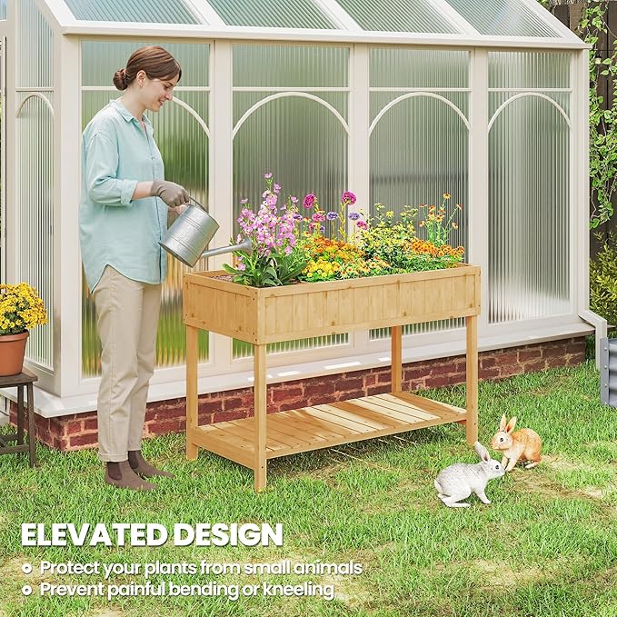 Outsunny 43x18x30in Raised Garden Bed with 8 Pockets and Shelf Wooden Elevated Planter Box with Legs to Grow Herbs Vegetables and Flowers Natural