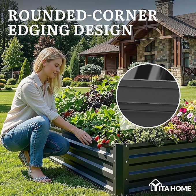YITAHOME 72x36x12 in 2pcs Galvanized Raised Garden Bed Kit Large Metal Planter Box with Gloves &amp Support Rod Outdoor Flower Bed for Plants Vegetables Black