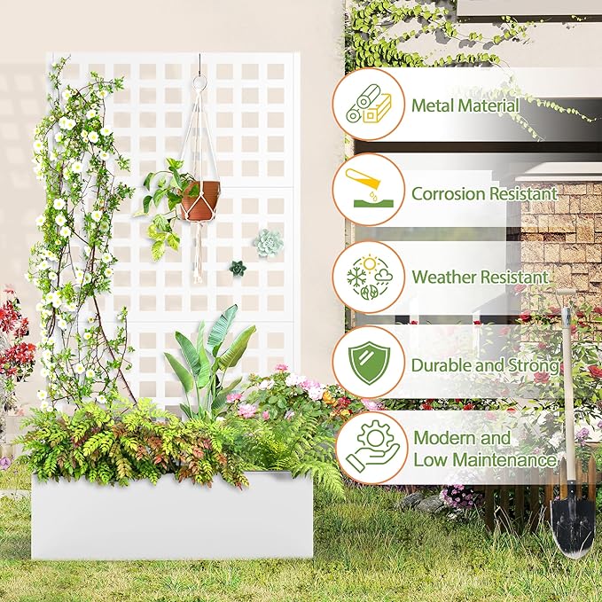 Metal Raised Garden Bed Trellis Planters Bed with Drainage Holes for Climbing Plants Vegetables Outdoor Privacy Screen with Planter Box 73x35x16 White