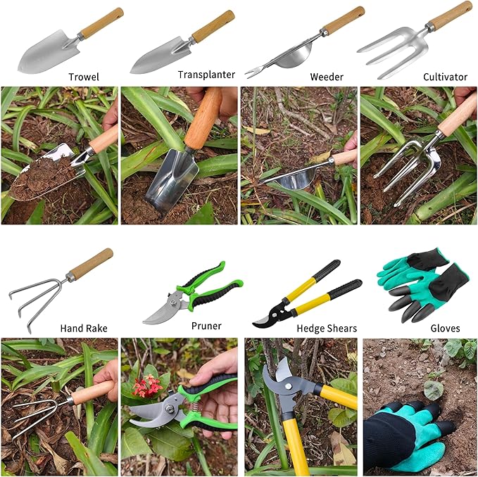 41-Piece Premium Gardening Tool Set Stainless Steel Heavy Duty Gardening Tool Kit with Non-Slip Rubber Grip Storage Tote Bag Outdoor Hand Tools Ideal Gardening Gifts for All (Green)