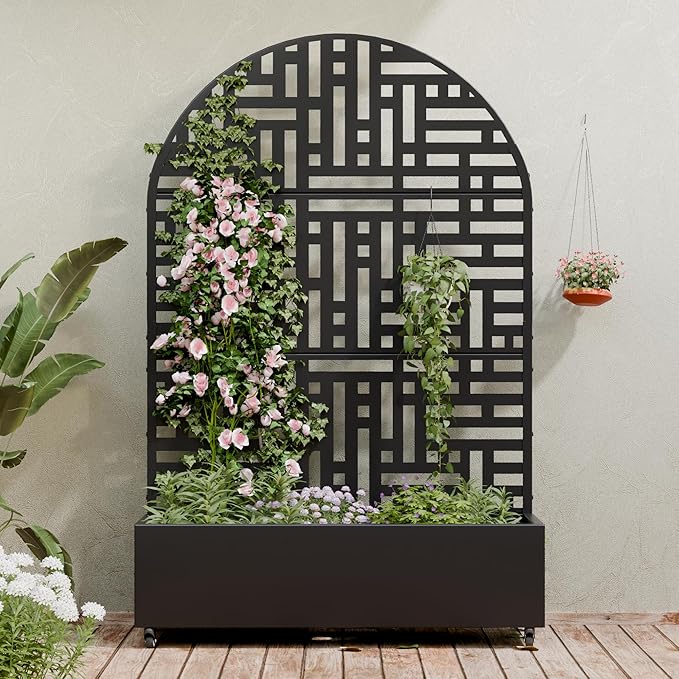 Casaphoria Metal Raised Garden Bed with Trellis and Wheels 72x47x16 Planter Box for Climbing Plants Vegetables &amp Vines Features Drainage Holes and Privacy Screen (Black-Helen)