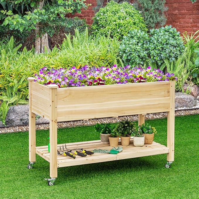 Giantex Raised Garden Bed on Wheels Wood Planter Box with Legs Liner Drain Holes Elevated Garden Bed for Vegetables Standing Garden Container for Backyard Patio 47.5 LX 23.5 WX 33 H