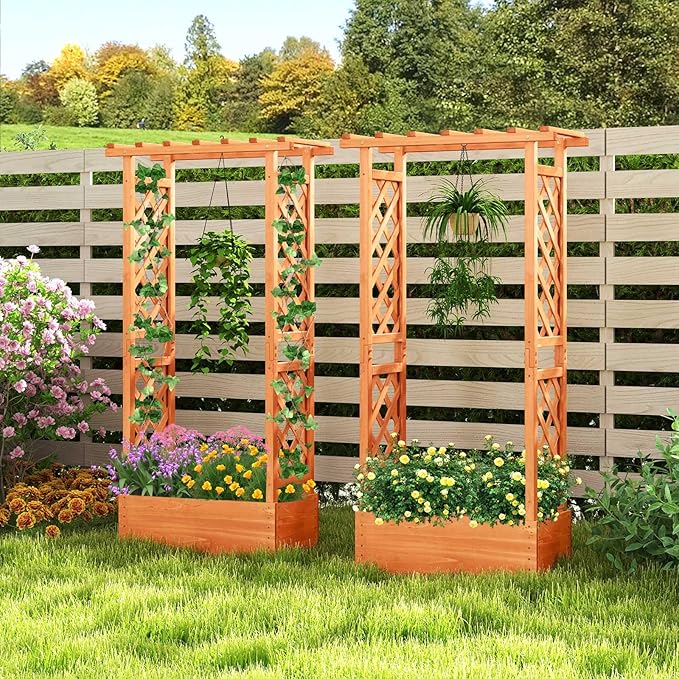 HAPPYGRILL Raised Garden Bed with Trellis 2 Pack Wood Elevated Garden Bed with Hanging Roof Planter Box Drainage Holes for Climbing Plants Flowers Vegetables 31 L x 14 W x 60 H