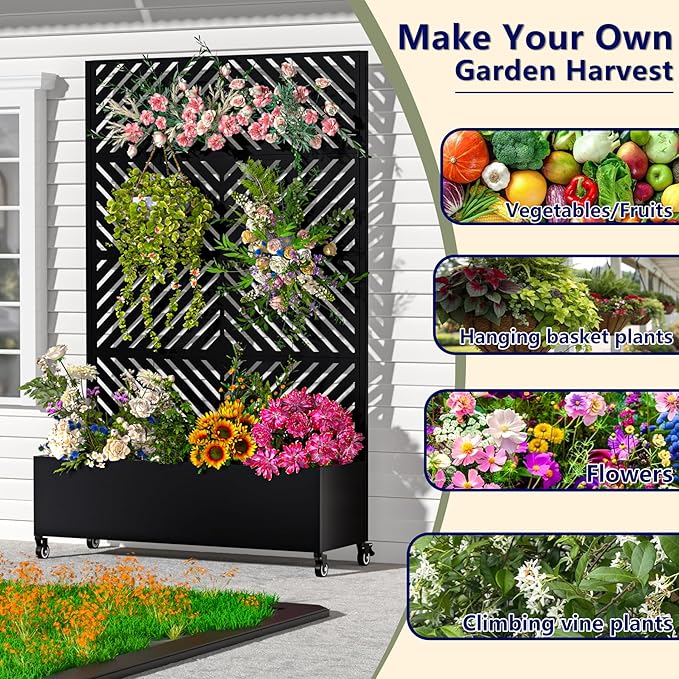 Metal Planter Box with Trellis72x47x16Galvanized Steel Outdoor Raised Garden Bed with Privacy Screenwith Drainage Holes &amp Lockable Casters for Climbing PlantsVegetablesand Vines(-JT)