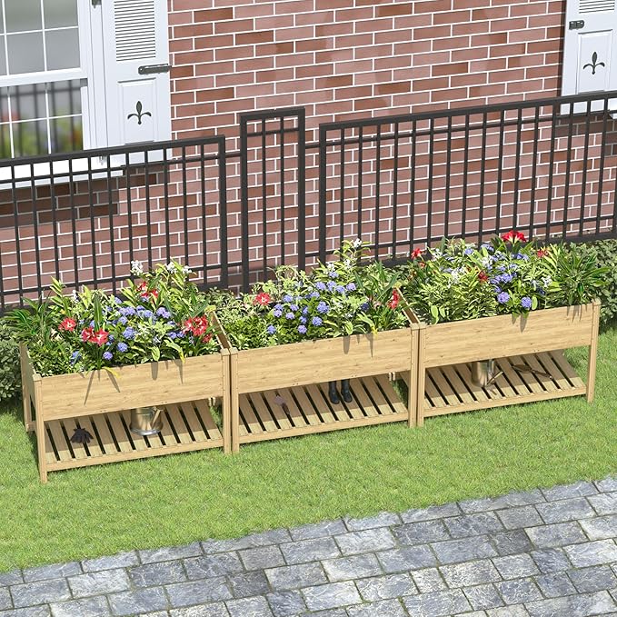 Kullavik 3 pcs Raised Garden Bed with LegsOutdoor Elevated Cedar Wood Planter Box with Storage Shelf for Vegetables/Flowers/Herbs in Balcony/Backyard/Patio220lb Capacity-Natural