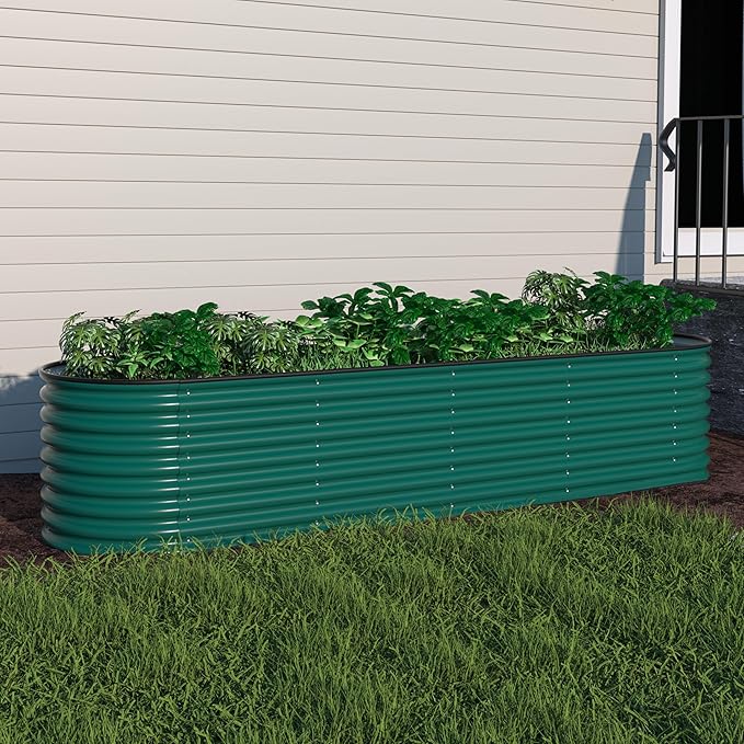 MUPATER Galvanized Raised Garden Bed 8x2x2ft 9-in-1 Metal Raised Planter Box with Aluminum Support Rods Oval for Outdoor Vegetable Flower Backyard and Patio Green