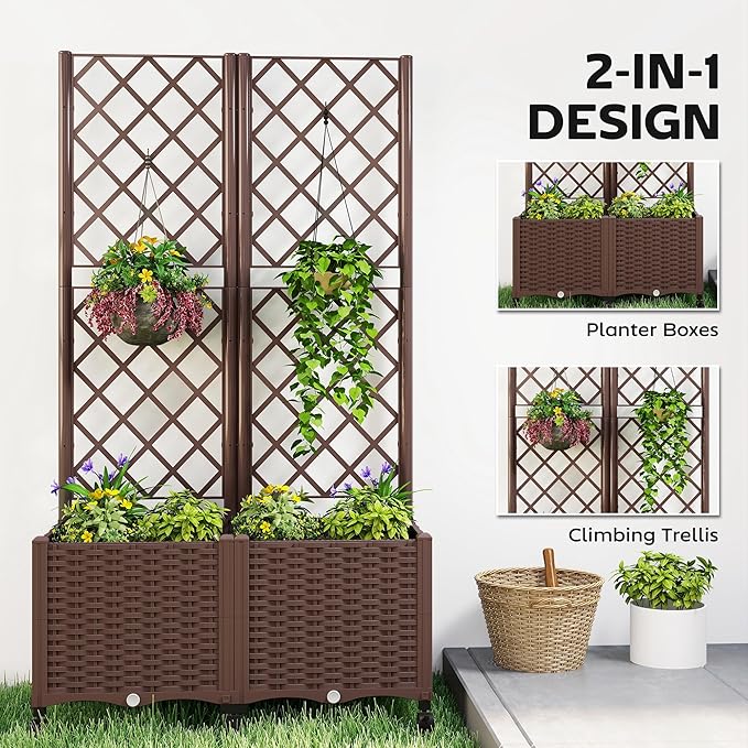 Outsunny Planter Box with Trellis Self Watering Raised Garden Bed with Lockable Wheels 56.3 Trellis Privacy Planter with Drainage Holes for Climbing Plants Vines Vegetables Flowers Brown