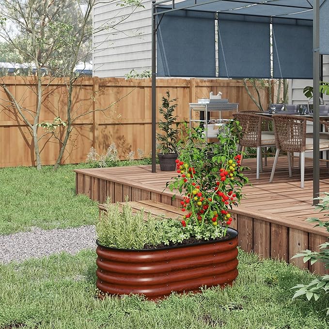 Galvanized Raised Garden Bed Kit Outdoor Metal Elevated Planter Box with Safety Edging Easy DIY Stock Tank for Growing Flowers Herbs &amp Vegetables Brown (3.5' x 2' x 1.4')