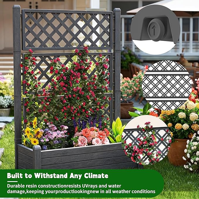 Elevated Raised Garden Bed with Trellis 21 Gallon Self-Watering Outdoor Resin Planter Box with Lockable Wheels Drain Plug &amp Water Monitor for Plants Vegetables Flowers Fruits (Black)