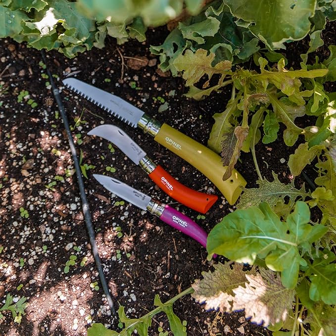 Opinel 3 Piece Gardening Tool Set - No. 12 Folding Saw No. 8 Pruning Knife No. 8 Garden Knife - Vibrant Painted Handles Stainless Steel and Carbon Steel Blades - Made in France