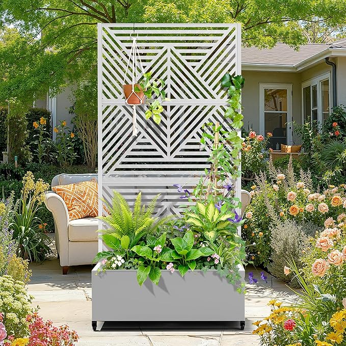 Metal Raised Garden Bed with Trellis 2-in-1 Planter Box &amp Privacy Screen for Climbing Plants Outdoor Standing Flower Bed with Drainage Holes 35.4 L x 15.7 W x 70.1 H White-Zodiac