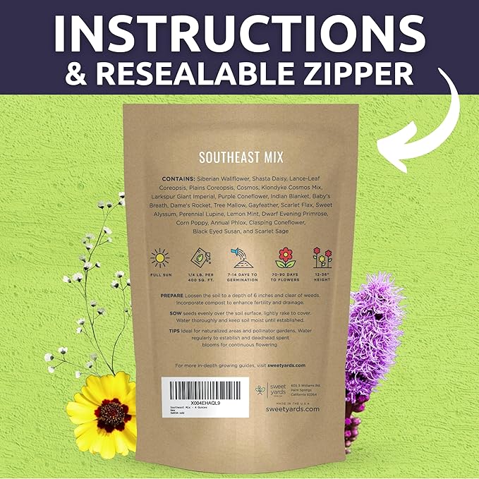 Southeast Regional Mix - Bulk 1/4 Pound Pouch - 48000 Flower Seeds for Planting - Wildflower Mix