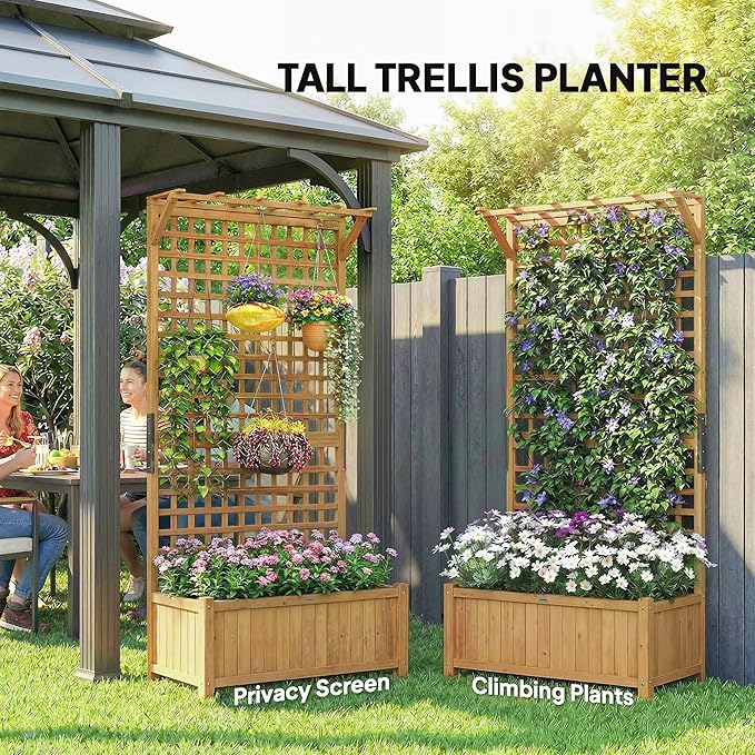 Outsunny Wood Planter with Trellis Raised Garden Bed for Climbing Plants w/Drainage Holes and Roof 35.5 x 17.75 x 72 Yellow