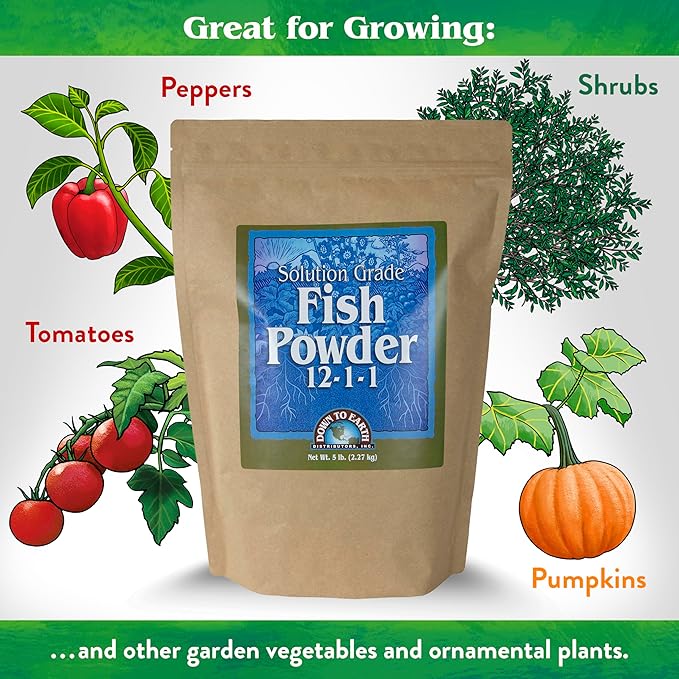 Down to Earth All Natural Fertilizers Organic Solution Grade Fish Powder - Water Soluble Nitrogen - Makes up to 250 Gallons of Liquid Fish Fertilizer for Soil or Foliar Spray 12-1-1 5 lb