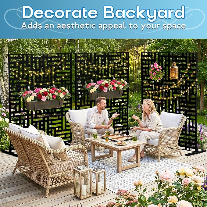 Metal Privacy Screen 72 H x 47.2 Decorative Outdoor Privacy Screen Privacy Panel with Stand for Balcony Deck Patio Lawn Garden Privacy Fence (Black-Street)