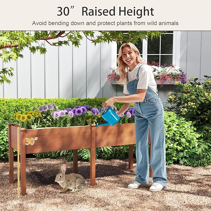 HAPPYGRILL Raised Garden Bed Outdoor Planter Raised Bed w/Drainage Holes Divider Panel 6 Supporting Legs Elevated Wood Planter Box for Backyard Patio Balcony 73” x 23” x 30” (L x W x H) (Brown)