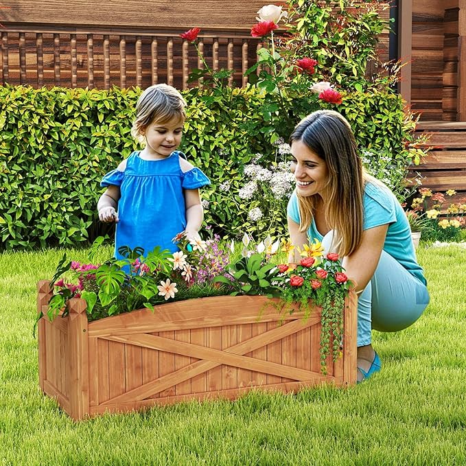 HAPPYGRILL Wooden Raised Garden Bed 2 Solid Wood Gardening Plant Container w/Drainage Holes for Flower Vegetable Fruit Outdoor Elevated Planter Box for Patio Garden Yard Balcony (36”x 16”x 15”)
