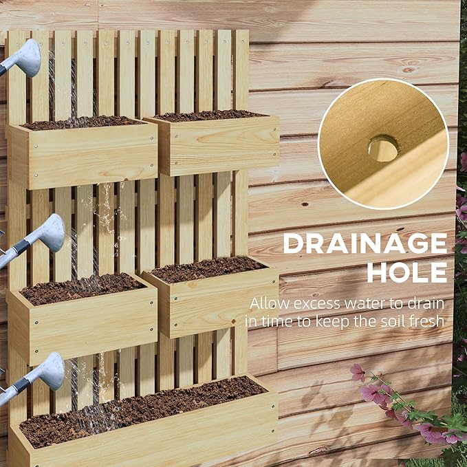 Outsunny 5 Box Raised Garden Bed with Trellis for Vine Flowers &amp Climbing Plants 39 Tall Wall-Mounted Wood Planter Box Set with Adjustable Height Drainage Hole Natural