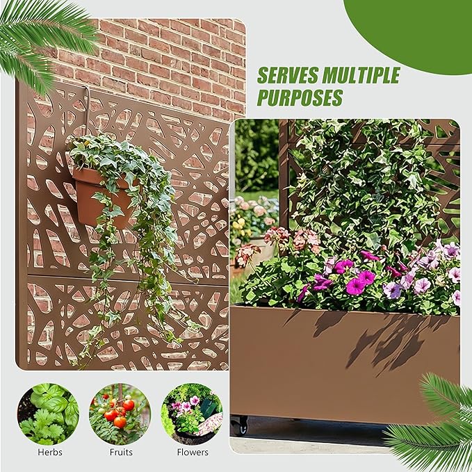 Casaphoria Metal Raised Garden Bed with Trellis and Wheels 47x47x16 Planter Box for Climbing Plants Vegetables &amp Vines Features Drainage Holes and Privacy Screen Brown-Net