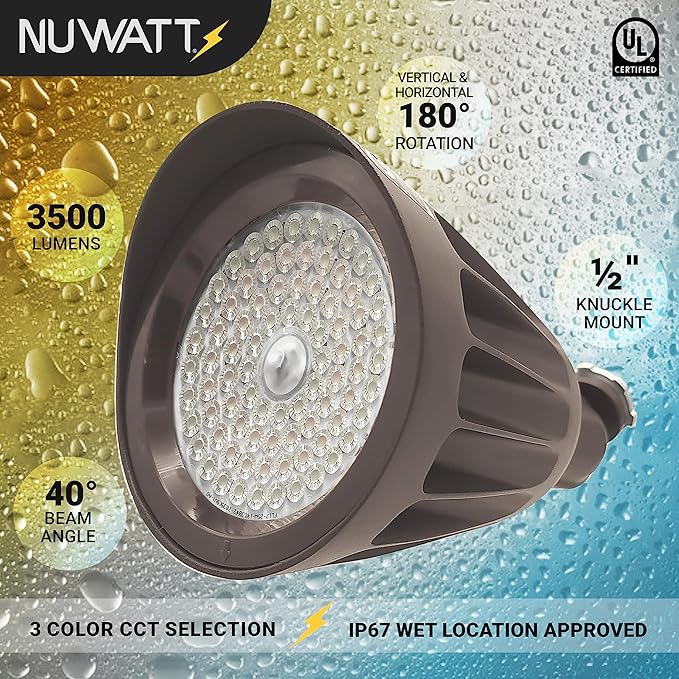 NUWATT 25W LED Bullet Spot Light for Outdoor Landscapes 3500 LM Bright Illumination for Yard 3000K/4000K/5000K Selectable 1/2 Knuckle Mount 120-277V Waterproof Flag Pole Light (12-Pack)