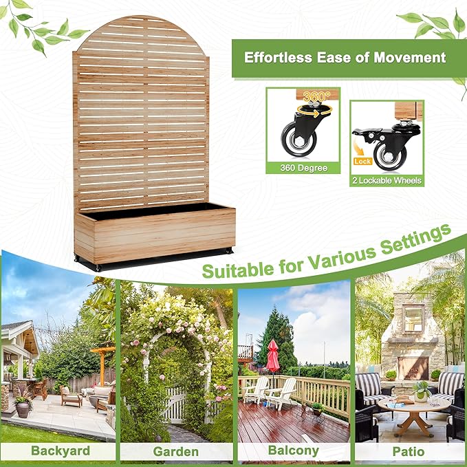 FENCY Metal Raised Garden Bed with Wheels and TrellisArched 73x47x16 Planter Box for Climbing Plants Vegetables &amp Vines Features Privacy Screen and Drainage Holes (Acacia Wood Finish)