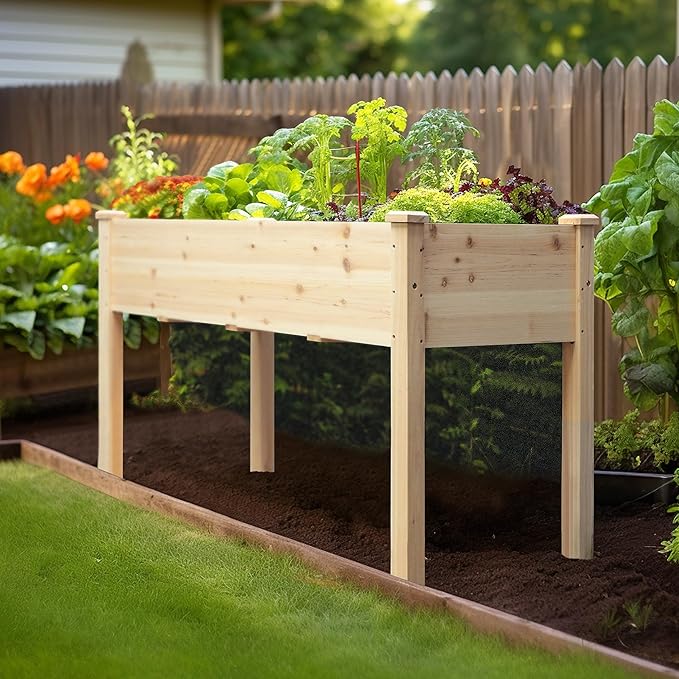 VEIKOU Raised Garden Bed Planter Box with Liner Drainage Holes Outdoor Raised Garden Bed with Legs for Vegetable Flower Herb 220 lbs Capacity Natural Wood