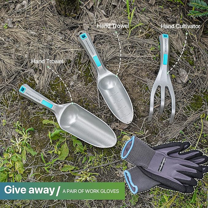 GOODSMANN Garden Tools Set 3 Piece All One Piece Die-Cast Aluminum Gardening Kit Hand Trowel Marker Measurements Transplanter and Cultivator Garden Hand Shovel for Digging Weeding Planting