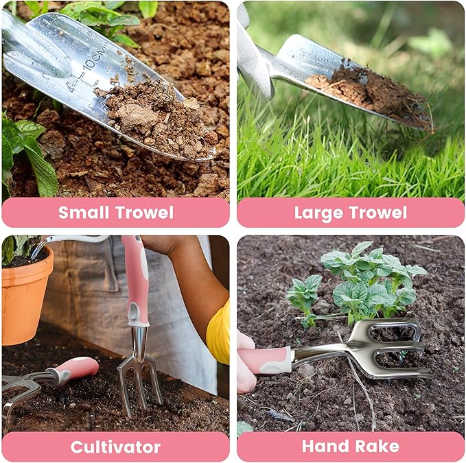 Garden Tools 8 Piece Gardening Tools with Bag Heavy Duty Stainless Steel Garden Tools Set Outdoor Hand Tools Ideal Garden Tool Kit Gifts for Women Pink.
