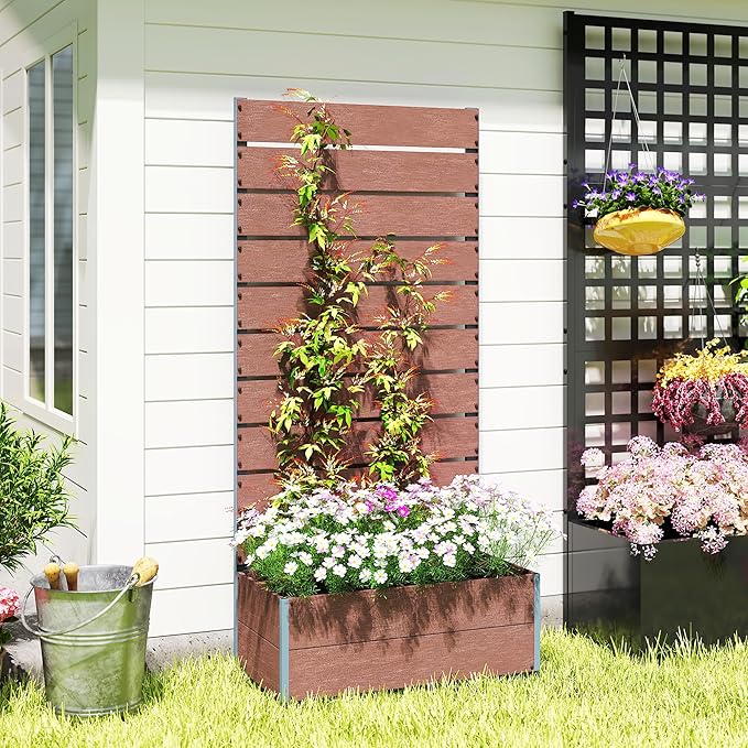 Outsunny Raised Garden Bed with Trellis for Climbing Plants Planter Box with Self Draining Gap Freestanding Trellis Planter for Outdoor Patio Deck 28.25 x 15 x 59 Brown