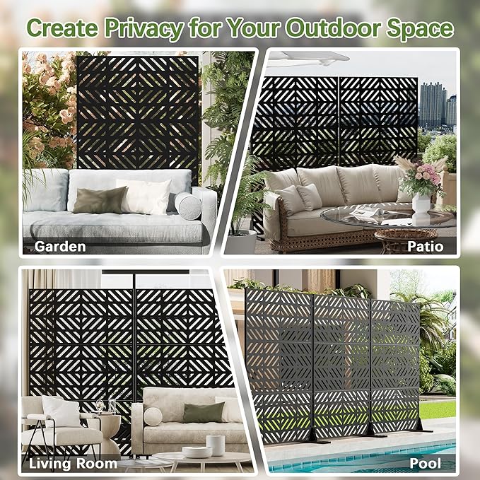 Cofar Metal Privacy Screen Outdoor 72 H×44 W -Black Freestanding Outdoor Privacy Panels with Stand Decorative Fence for Patio Deck Balcony（Striped）