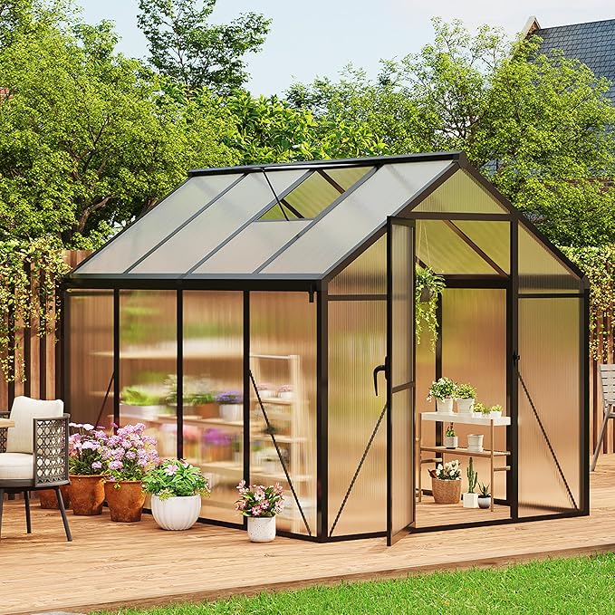 6X8 FT Outdoor Polycarbonate Greenhouse Sturdy Aluminum Frame Adjustable Roof Vent Ideal for Backyard Patio or Garden All-Weather Green House for Growing Plants and Vegetables
