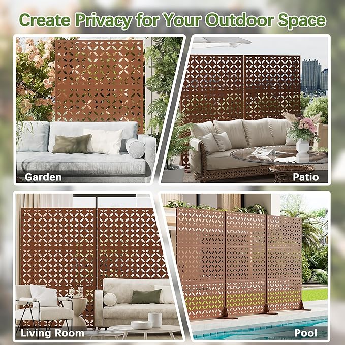 Metal Privacy Screen Outdoor 72 H×44 W -Brown Freestanding Outdoor Privacy Panels with Stand Decorative Fence for Patio Deck Balcony（Clover）