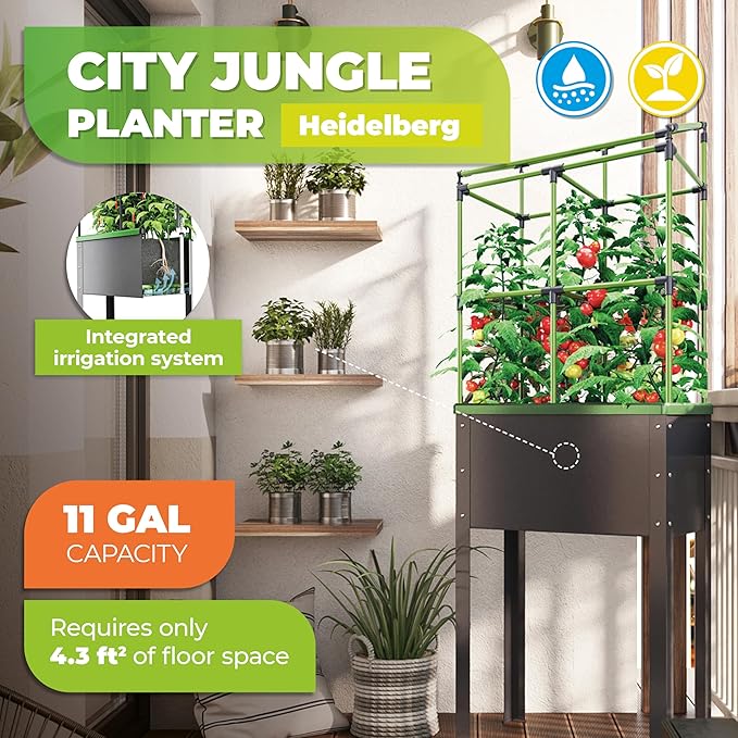BioGreen Raised Garden Bed with Trellis Heidelberg | 11 gal | 1“L x 2.3“W x 7.6“H | Self-Watering Metal Planter Box | Ideal Growth for Climbing Plants
