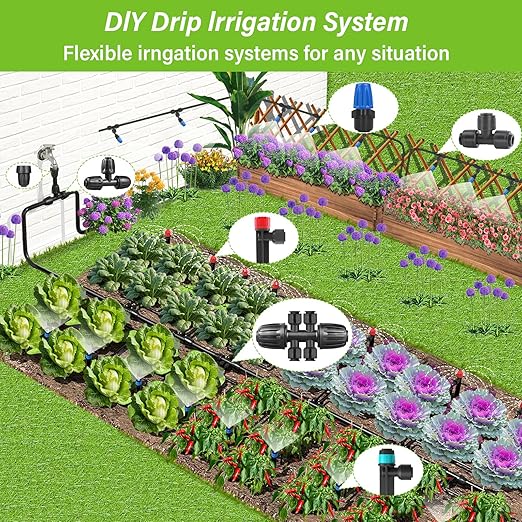 243FT Drip Irrigation Kit Drip Irrigation System with 1/2'' Hose1/4 Drip Irrigation Tubing 2025New Quick-Connect Three Adjustable Nozzle Types for Garden Greenhouse Flower Bed Patio Lawn