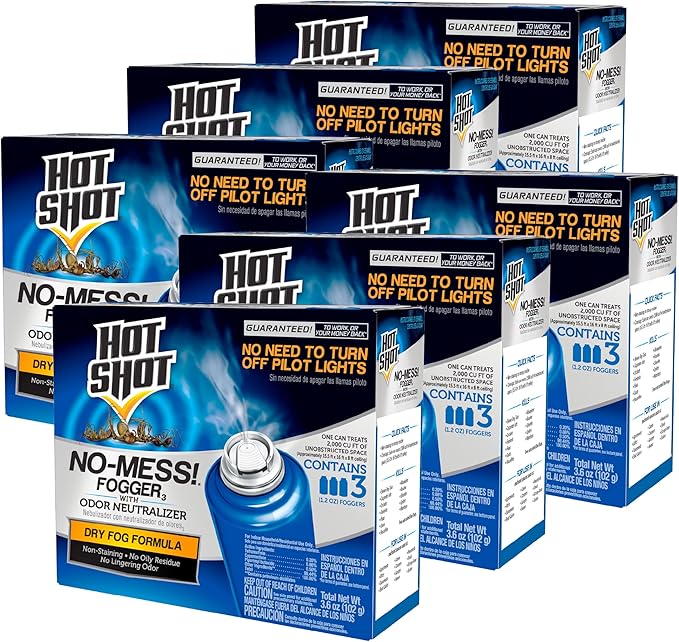 Hot Shot No-Mess! Fogger With Odor Neutralizer 3 Count-1.2 Ounce Cans Kills Hidden Bugs No Need To Turn Off Pilot Lights 6 Pack