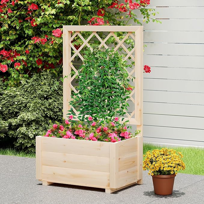 Giantex Raised Garden Bed with Trellis Wooden Elevated Planter Box for Climbing Plants Outdoor Garden Planter for Vegetables Flowers Herbs Patio Balcony Planting Box 23 x 14 x 40 Inch