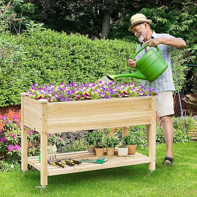 S AFSTAR Raised Garden Bed with Wheels 48 L X 24 W X 33 H Wooden Elevated Planter w/Lockable Wheels Storage Shelf Bed Liner Raised Garden Boxes for Backyard Patio Balcony 110lb Capacity