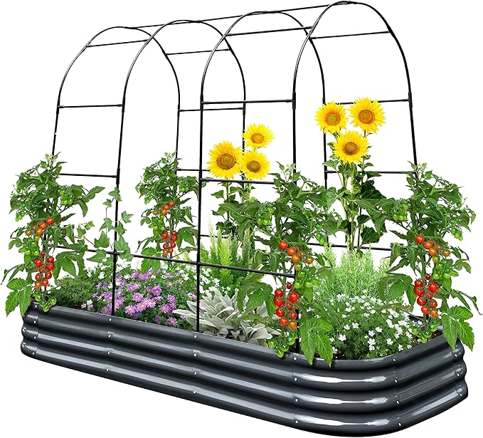 KING BIRD Raised Garden Bed with Arched Trellis Galvanized Planter Garden Box Outdoor for Gardening Climbing Vegetables Flowers 7.87x3.94x0.98 Ft Dark Grey
