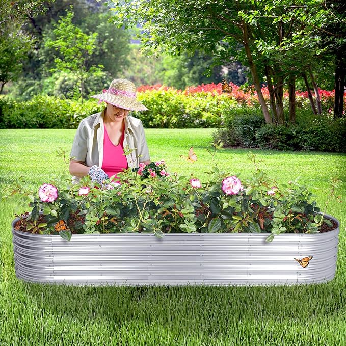 Aoodor Galvanized Raised Garden Bed Kit 6.9 x 2 x 1 Ft Oval Planter Box for Vegetables Flowers and Herbs Outdoor Use Silver