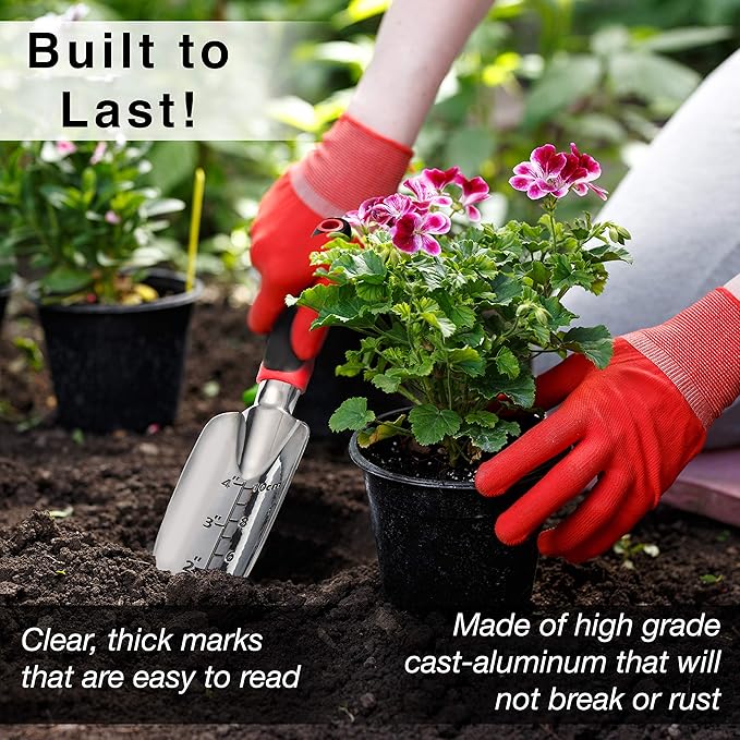 Hand Tools Set of 3 Heavy Duty Cast Aluminum Garden Tools with Ergonomic Handles Kit Includes 2 Trowels 1 Cultivator Hand Rake (3 Piece) Small Shovels for Gardening