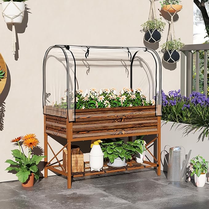 Outsunny Raised Garden Bed with Cover and Storage Shelf Rectangular Metal Elevated Planter Box with Legs and Bed Liner for Vegetables Flowers Herbs Dark Brown