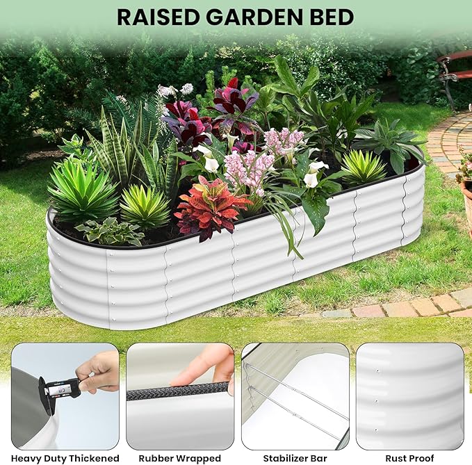 PioneerWorks Galvanized Raised Garden Bed 8x2x1 Ft Oval Open-Ended Metal Planter Box for Vegetables Flowers Herbs Sturdy Reinforced Design Easy Assembly for Outdoor Patio Yard White