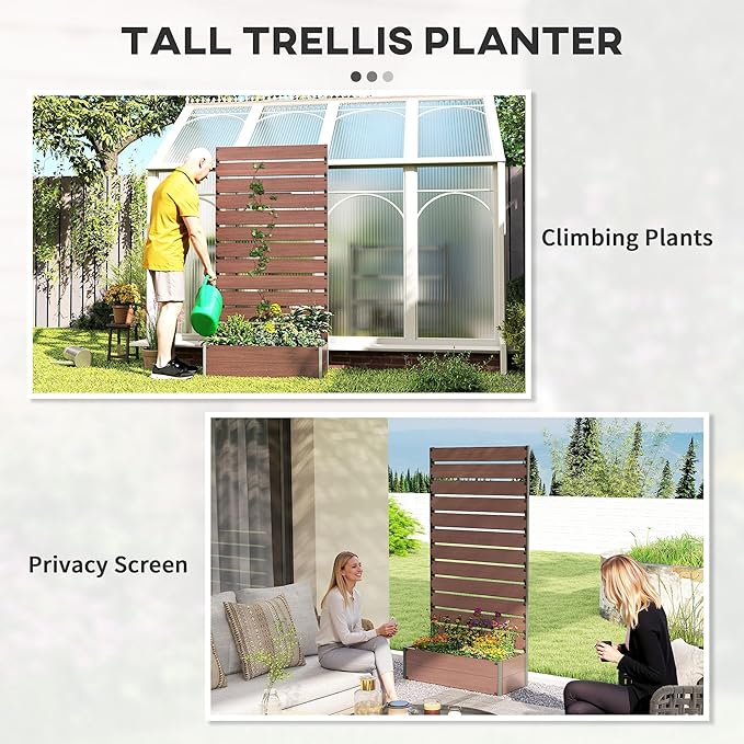 Outsunny Raised Garden Bed with Trellis for Climbing Plants Planter Box with Self Draining Gap Freestanding Trellis Planter for Outdoor Patio Deck 35.75 x 15 x 70.75 Light Brown